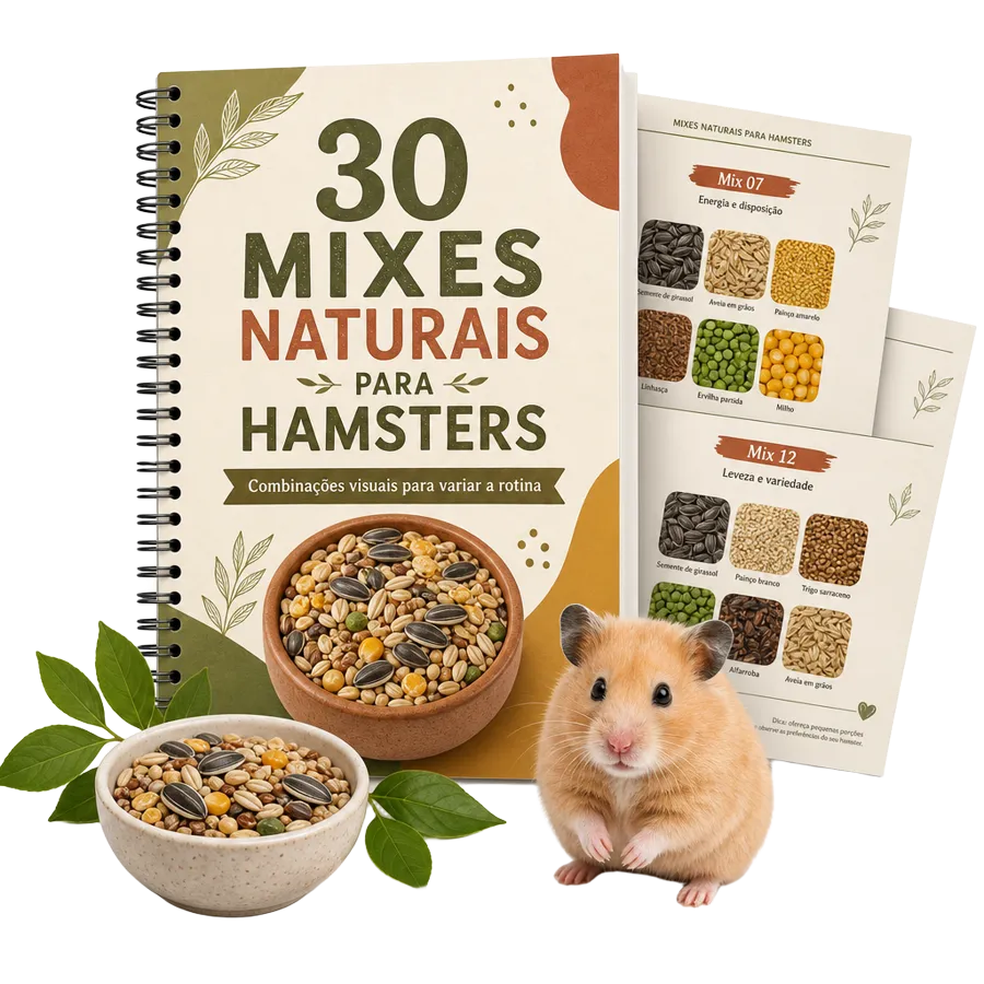 Mockup do guia 30 Mixes Naturais para Hamsters com fichas internas, potinho de sementes e hamster