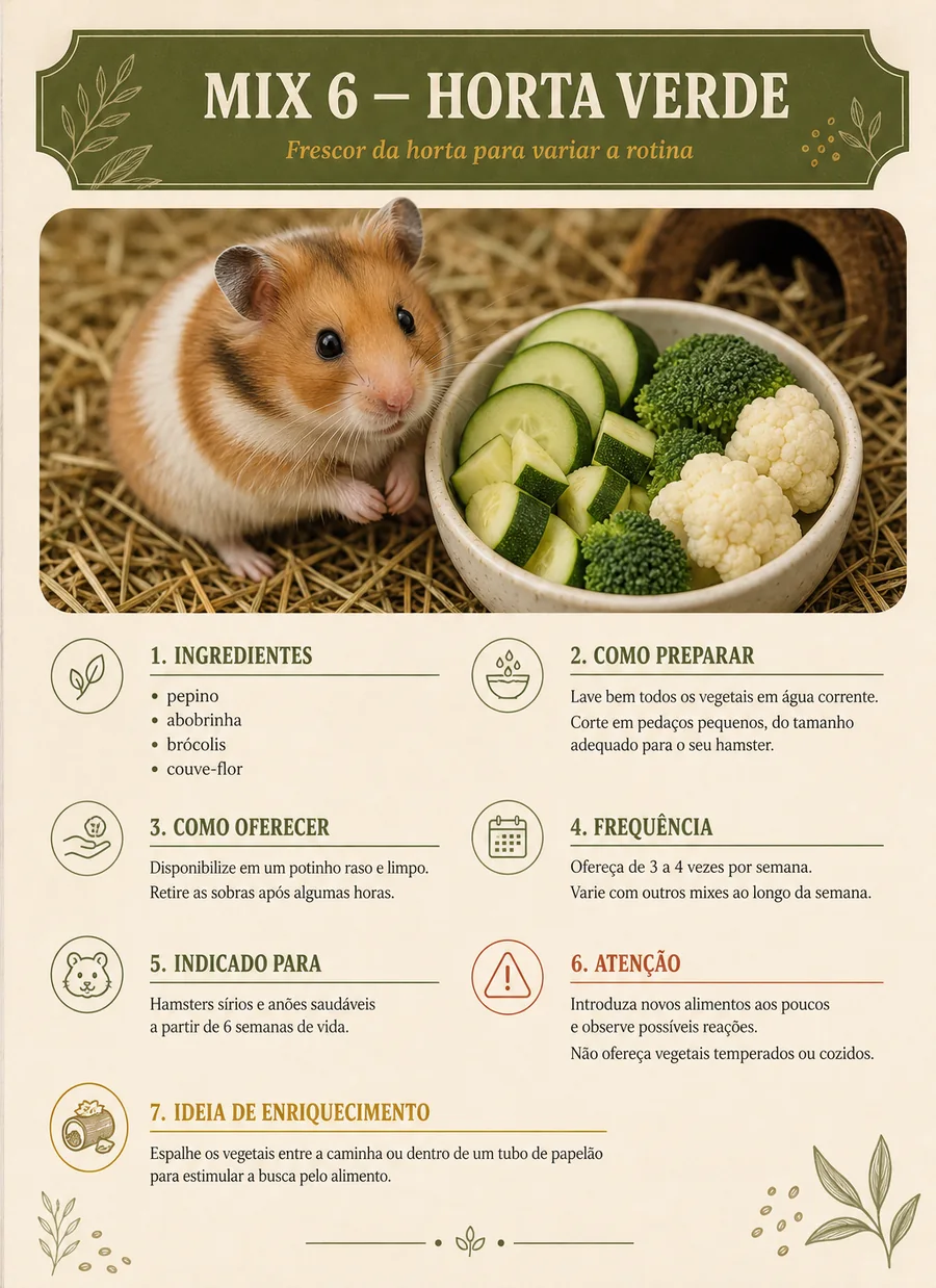 Ficha do Mix 6 — Horta Verde, com ingredientes, preparo, modo de oferecer, frequência e ideia de enriquecimento