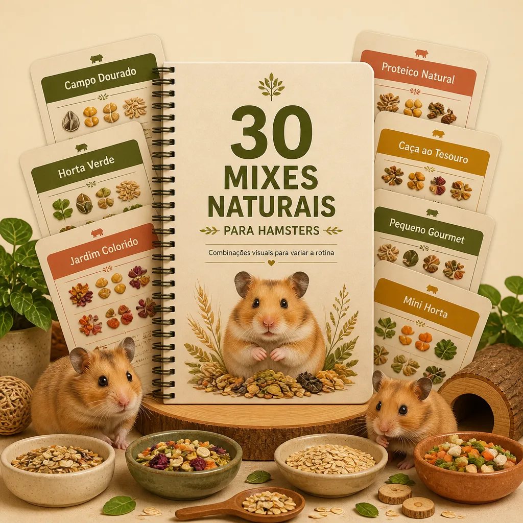 Mockup do guia 30 Mixes Naturais para Hamsters com as fichas Campo Dourado, Horta Verde, Jardim Colorido, Proteico Natural, Caça ao Tesouro, Pequeno Gourmet e Mini Horta ao redor, potinhos de grãos e hamsters