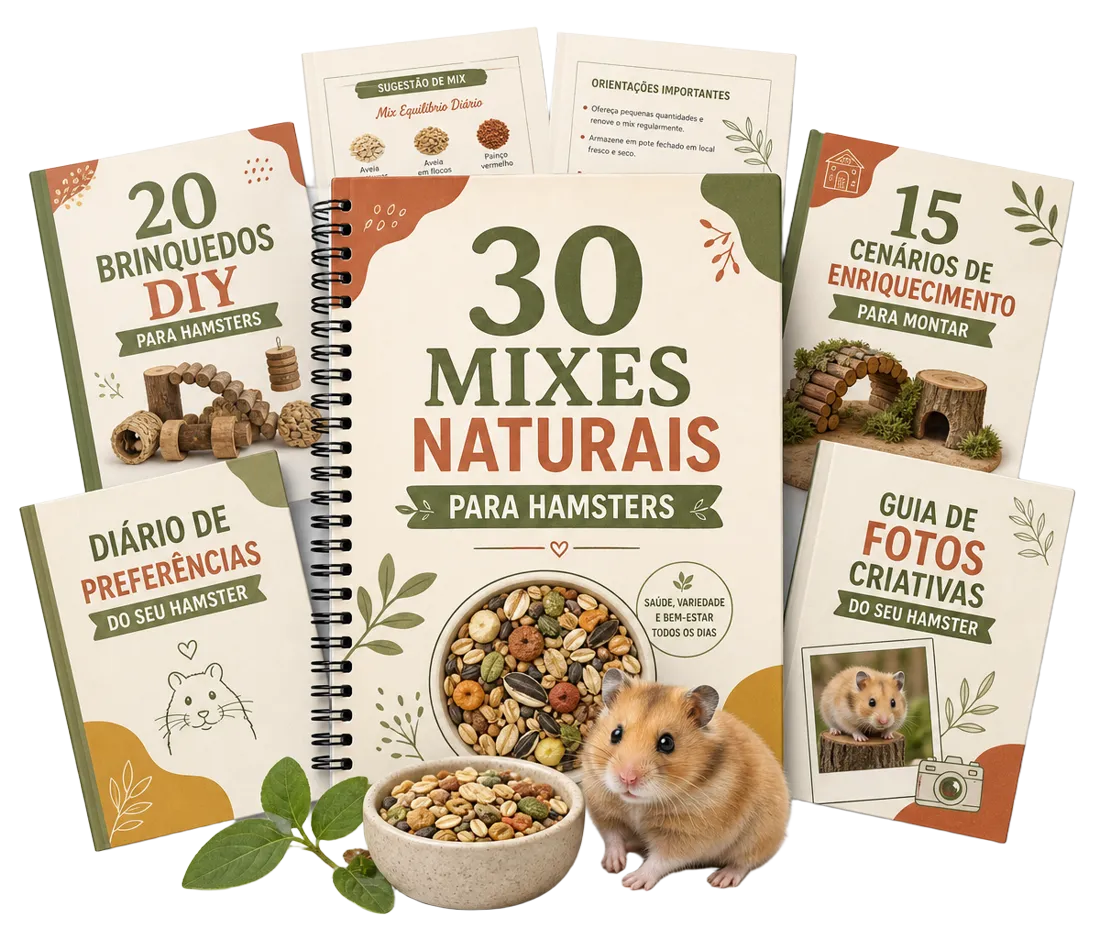 Pacote completo: guia 30 Mixes Naturais para Hamsters com os 4 bônus, potinho de sementes e hamster